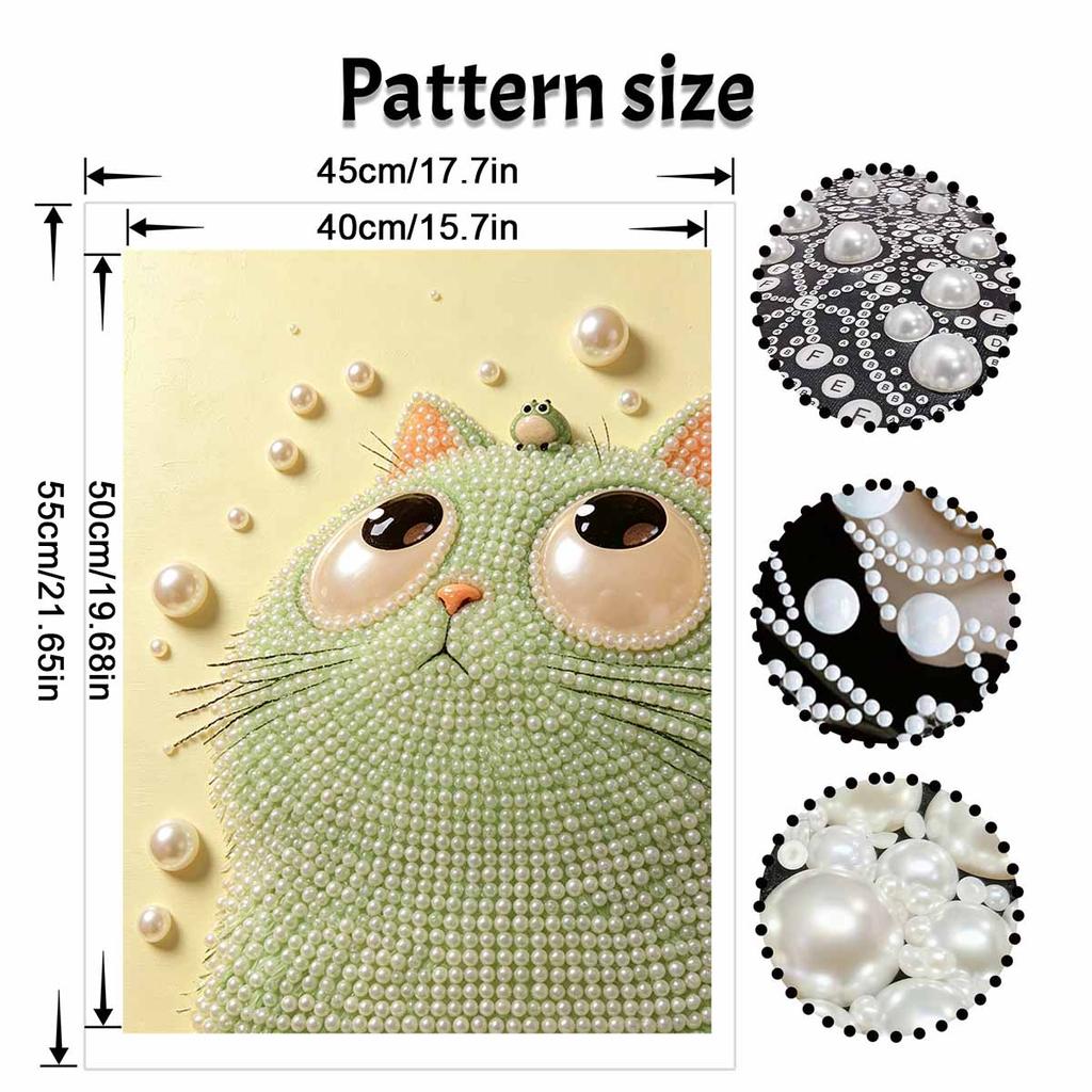 Easy DIY Framed Pearl Bead Painting Kit with Green Cat and Frog 3D Sparkling Canvas Art for Home Decoration Creative Gift Idea Handmade