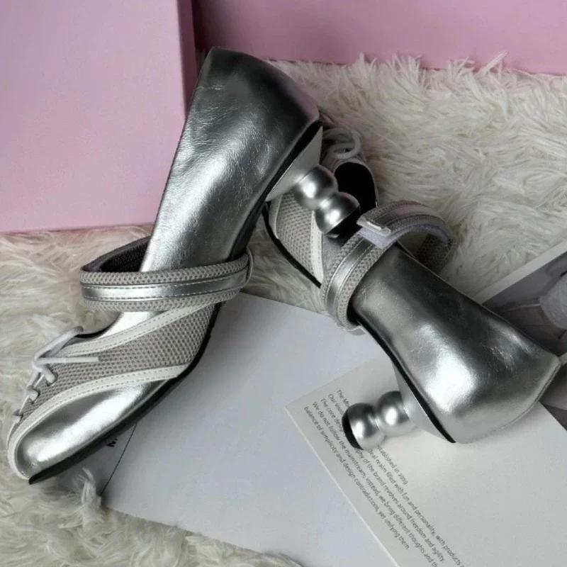 Fashion Luxury Designer High Heeled Ballet Shoes Woman Casual Square Toe Loafers Strange Style Cross Tied Shallow Silver Mary Jane Shoes