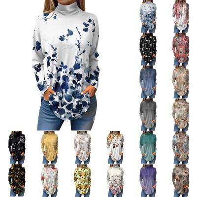 Women's Fashionable Casual High Neck Printed Long Sleeve T-Shirt Pullover Top