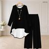 Women Plus Size Two Piece Set Round Neck Long Sleeve Black White Printed High Low Top Wide Leg Pants