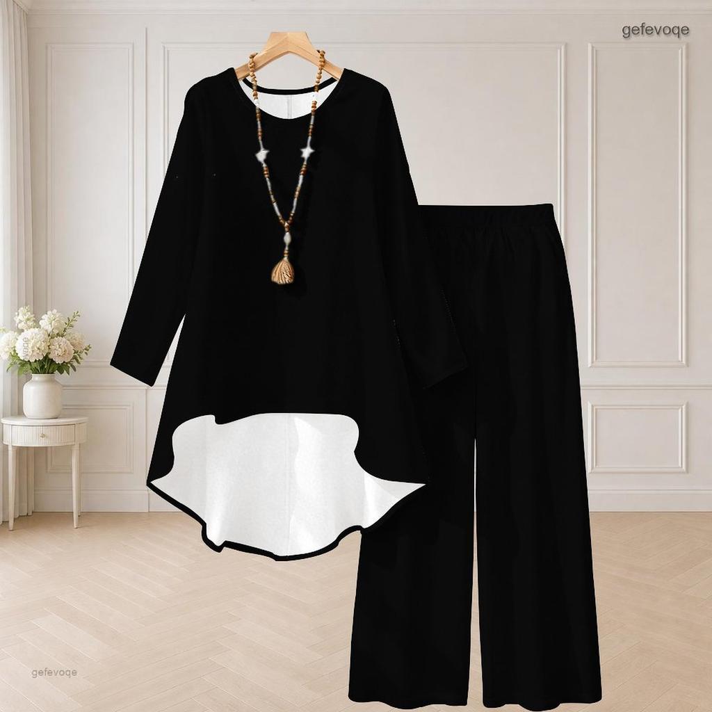 Women Plus Size Two Piece Set Round Neck Long Sleeve Black White Printed High Low Top Wide Leg Pants