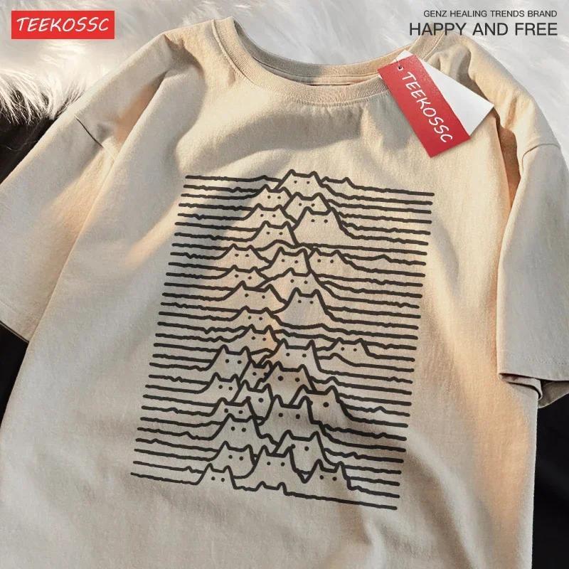 Cat Group Mountain Cartoon Trendy Summer Travel Mountain And River Cat Line Short Sleeve T-shirt Women Trendy  women clothing