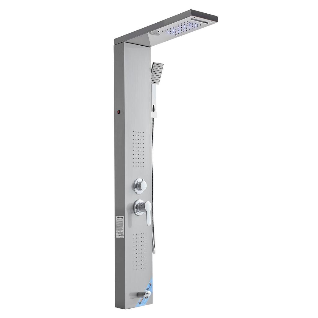 VEVOR Shower Panel Tower System with Rainfall Waterfall Shower Head, LED, 53 in Brushed Stainless Steel Shower Column, 5-Function Faucet