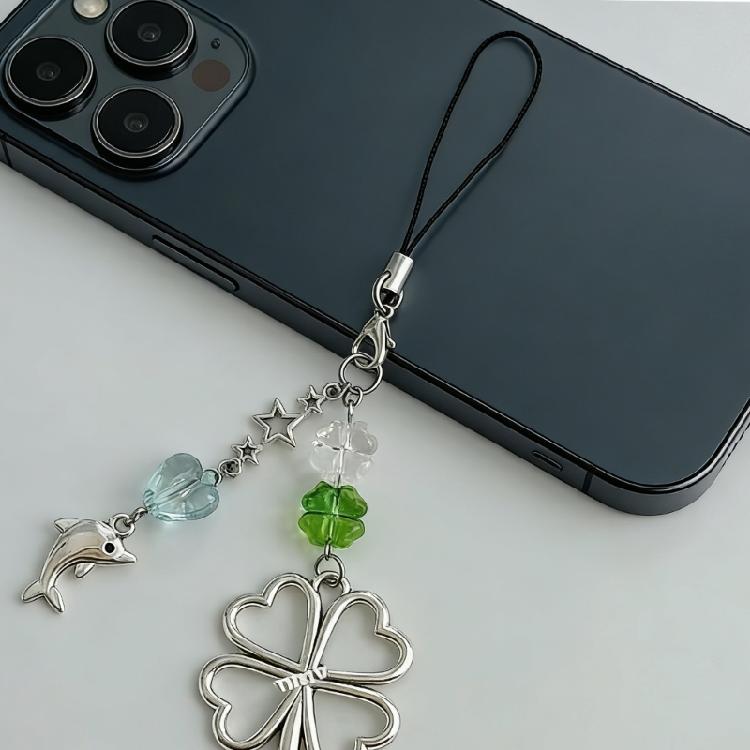 Vierblättriges Kleeblatt Anhänger mit Delfin Akzent Silberlegierung Schlüsselanhänger Zubehör für Handy Schlüssel Oder Rucksack