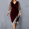 Women's See-through Mesh Sleeves V-neck Gold Velvet Mid-length Plus Size Dress