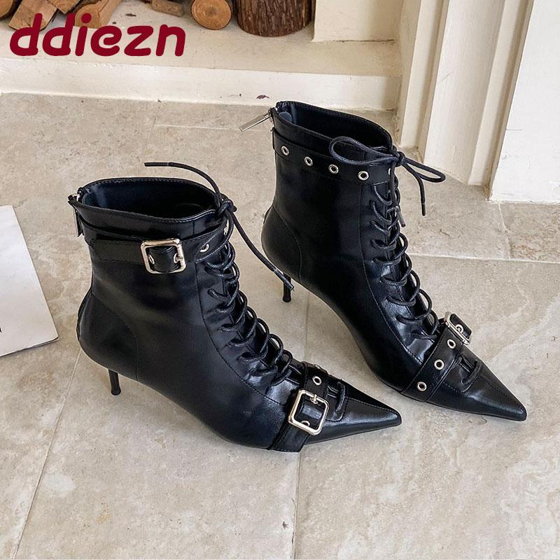 Fashion Fashion Lace Up Modern Women Ankle Boots Shoes Buckle Strap Pointed Toe Ladies Short Boots Heels Shoes Female Pumps Lady