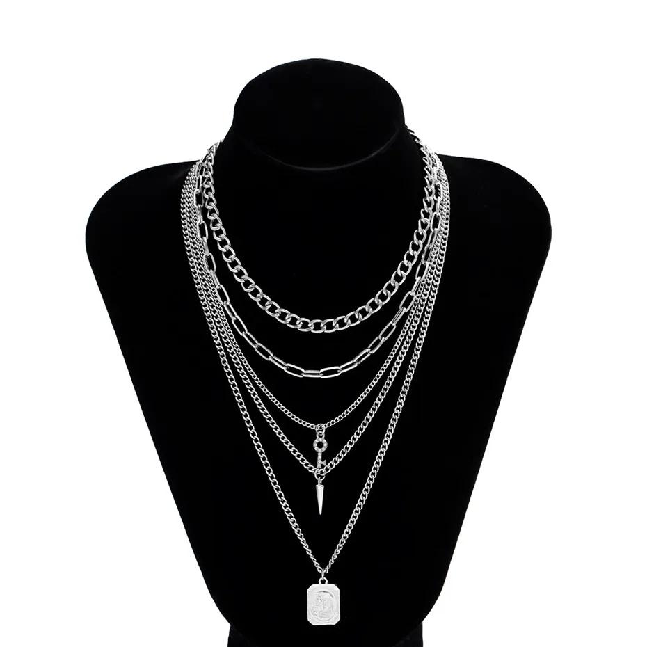 New Punk Multilayer Chains Chunky Necklace Set Goth Spike Rivet Portrait Key Pendant Necklace Women Men Statement Jewelry