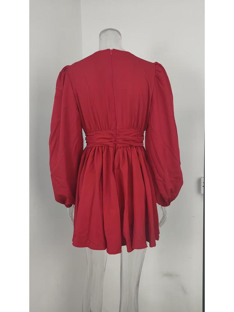 2026 Spring Elegant French V-Neck Waist-Cinched Dress for Women