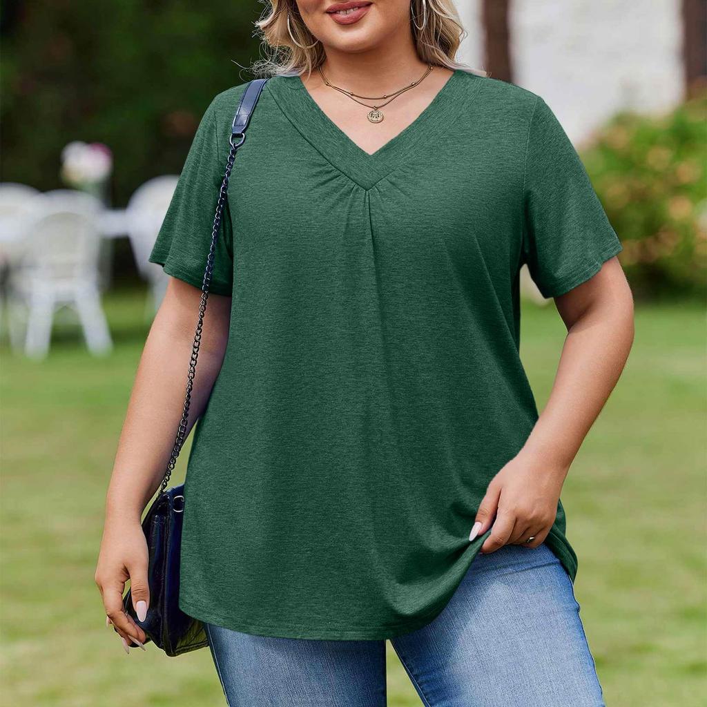 Damska Modna Codzienna Luźna Bluzka Plus Size z Krótkim Rękawem Elegancka z Dekoltem V Do Pracy