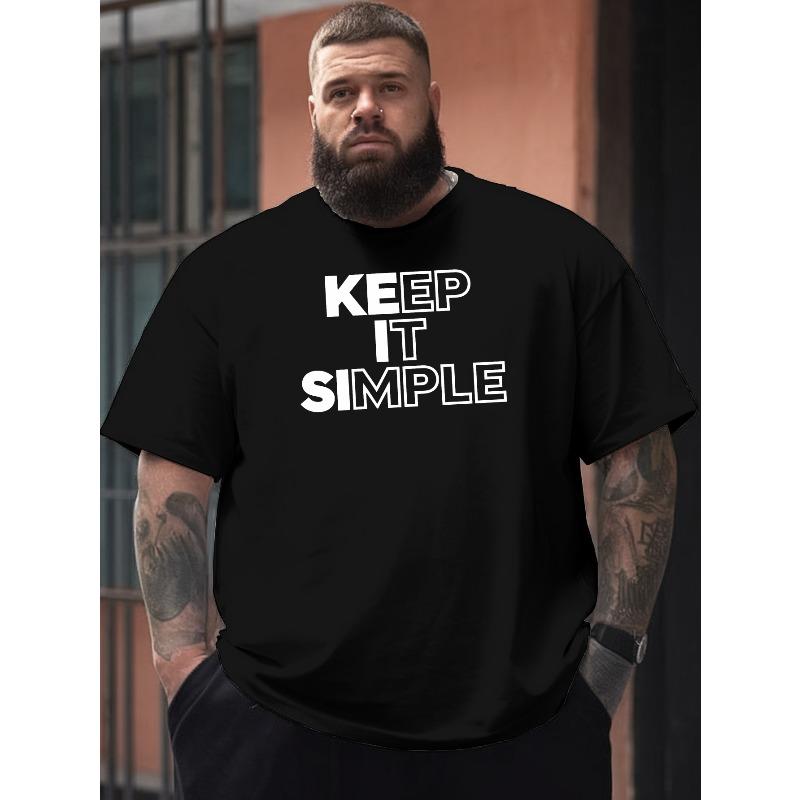 European Size Keep It Simple Men's Plus Size Short Sleeve T-Shirt - Oversized Loose Fit Casual Summer Top with Bold Letter Print, Round Neck Versatile