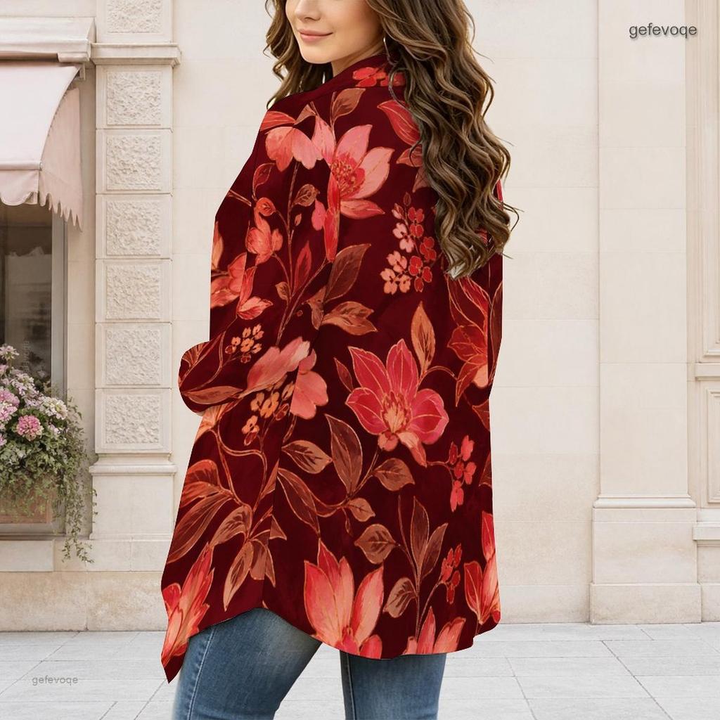 Women Plus Size Open Front Long Sleeve Draped Collar Floral Printed Black Curved Hem Cardigan