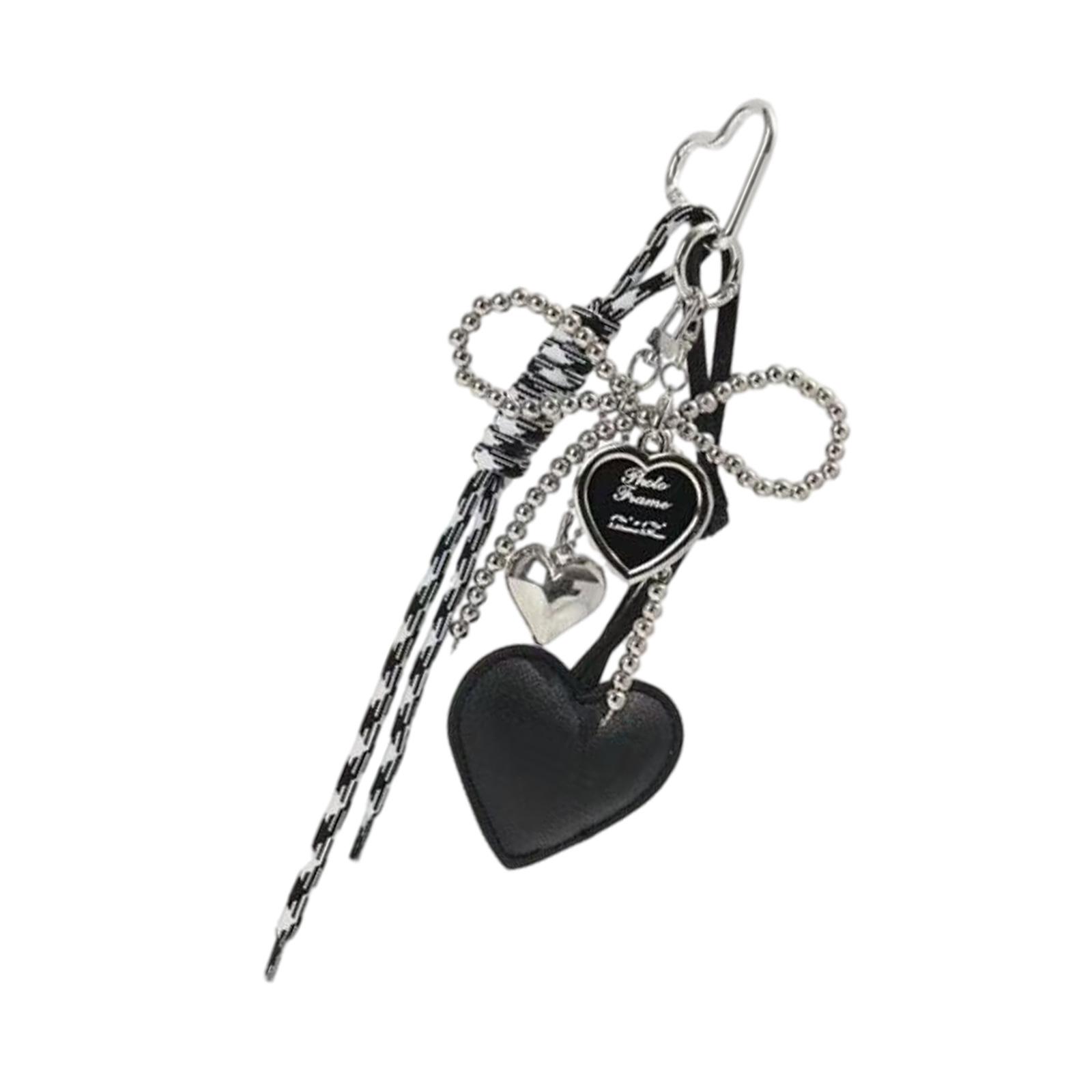 

Glossy Leather Heart Keychain Faux Pearls Bowknot Braided Rope Car Keyring Bag Charm Gift Accessory for Women Girls чорний