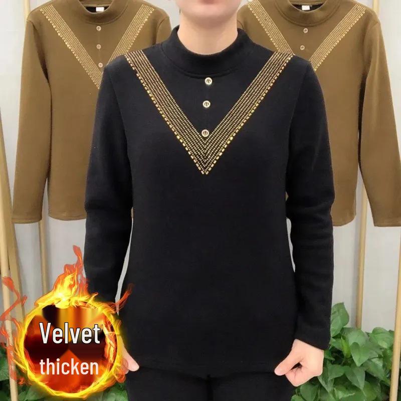 

Женский бархатный топ с флисовой подкладкой, украшенный стразами - Полувысокая горловина, длинный рукав, теплая осенне-зимняя рубашка L чёрный