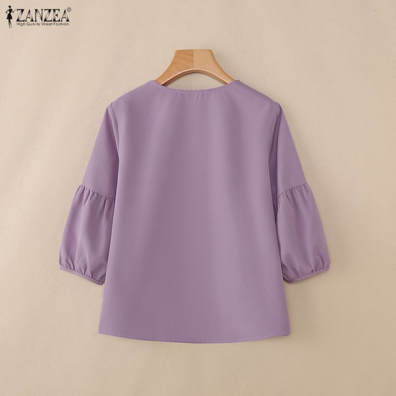 ZANZEA Women Casual V-Neck Solid Color 3/4 Sleeve Loose Blouse