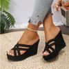 2026 Summer Cross Strap Wedge Slippers for Women Plus Size Suede Platform Peep Toe Outdoor Women Shoes High Heels Slide Sandals