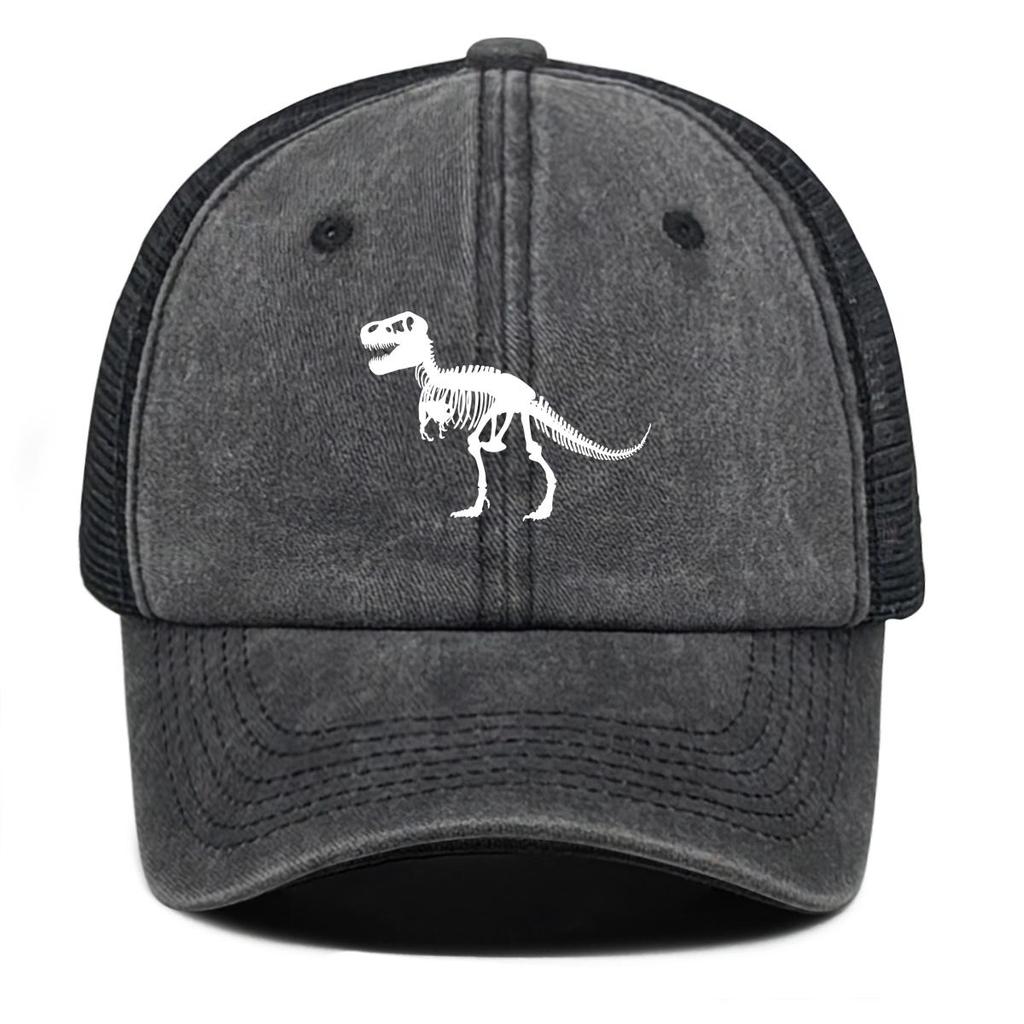 Pure White Dinosaur Print Snapback Trucker Hat, Animal Man's Cap Vintage Solid Color Non-Stretch Fabric Headwear Adjustable Baseball Cap