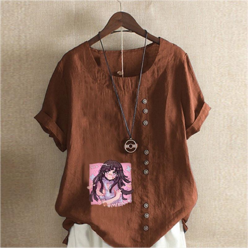 Women's Fashion Round Neck Short Sleeve T-shirt Casual Cotton Linen Graphic Shirt Leisure Loose Pink Girl Prined Summer Blouse Tops