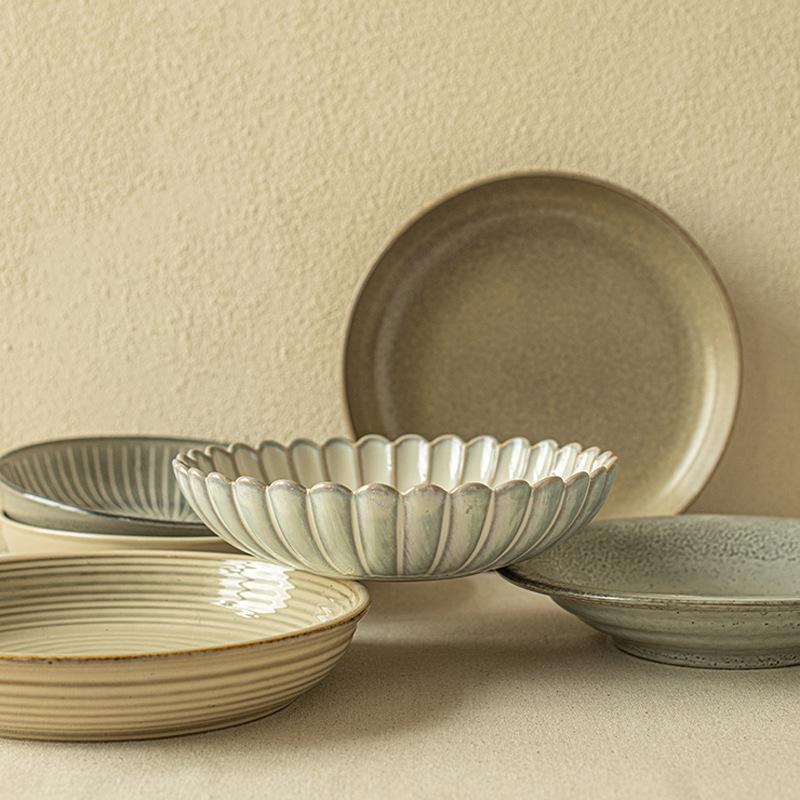 Japanese Retro Versatile Household Deep Plate Set High Value Ceramic Thickened Vegetable Plate Salad Plate Breakfast Plate Tableware Plate