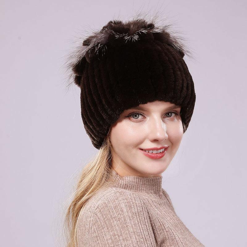 New Rex Rabbit Hair Hat Women's Winter Thickened Warm Fashion Versatile Elastic Fur Woven Hand-sewn Knitted Hat