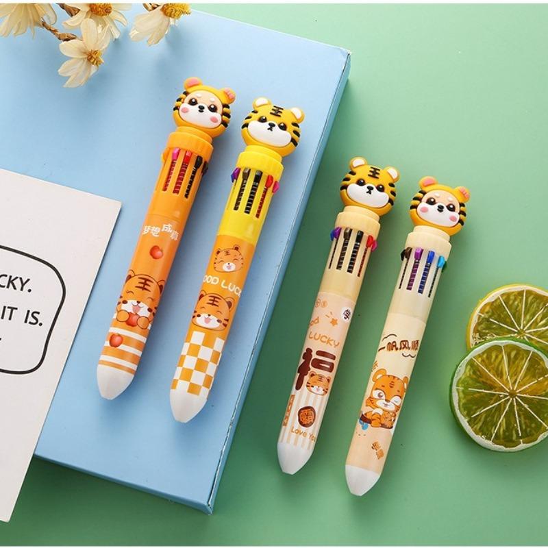 1Pcs Little Tiger Ten Color Ballpoint Pen Fluent Writing Suitable for Office Work, Brushing Questions, Signing Writing, Diaries, Notes, Student Class