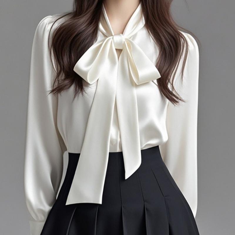 2025 Spring/Autumn Women's High-End Flowy Ribbon Bow Long Sleeve White Shirt for Professional Wear