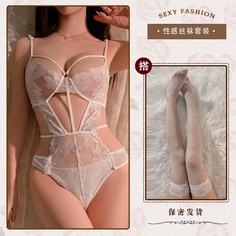 Hollow and thin sexy underwear sexy onesie temptation strap perspective lace free purple n