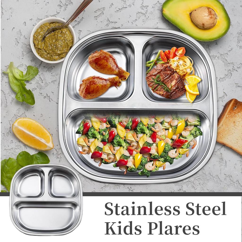 Stainless Steel Dinner Plate with Lids 3 Grid Student Children Dishes Serving Tray Divided Fruit Salad Food Plate Tableware