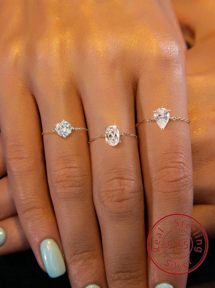 925 Silver Round Oval Water Drop Shape Zircon Chain Adjustable Ring For Women Anniversary Hight Quality Fine Jewelry