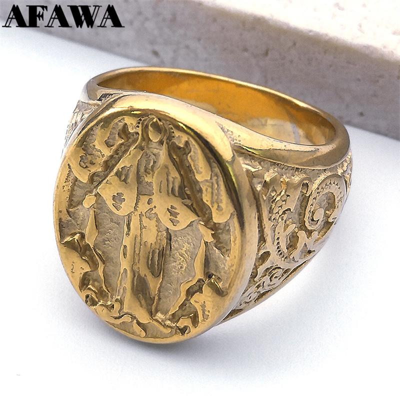 Bague Anneau Médaille Vierge Marie Christianisme Vintage pour Hommes Femmes Acier Inoxydable Couleur Or Anneaux de Doigt de Prière Religieuse Bijoux R500S02