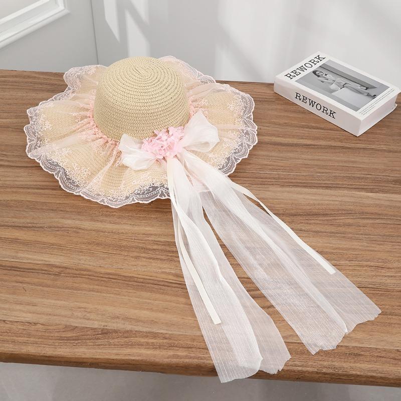 Summer Bow Sun Hat Female, Seaside Beach Vacation Sun Hat Outdoor Big Brim Sun Hat Sweet Straw Hat