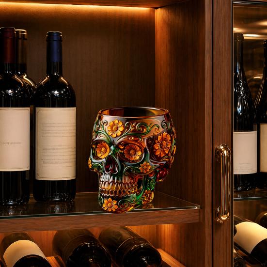 Decorative Glass for Home Bar Day of The Dead Wine Glass, with 3D Relief Painting, Hand-Painted Halloween Themed Gothic Skull Whiskey Cup, Parties And