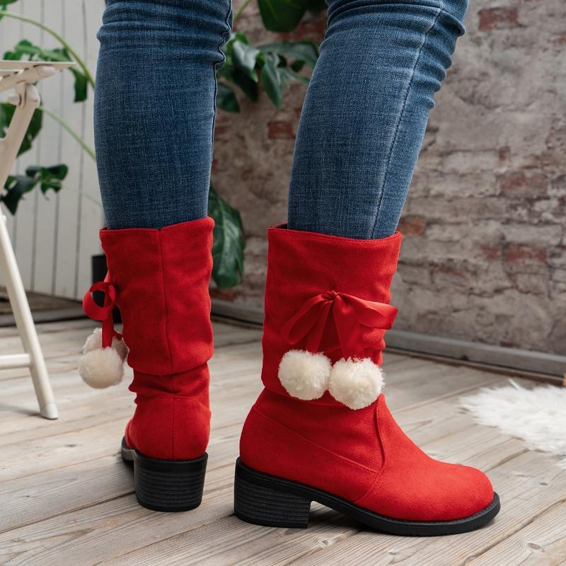 Fashion 2024 Winter Hot Sale Women's Fluffy Bowknot Ball Decor Boots Slip On Casual Chunky Heel Suede Boots Christmas Mid Calf Boots