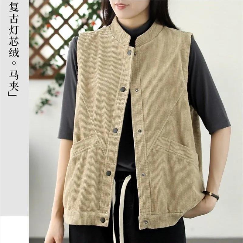 

Retro Corduroy Vest New Style Vest Spring and Autumn Literary and Casual Versatile Loose Corduroy Waistcoat Sleeveless Jacket L хакі
