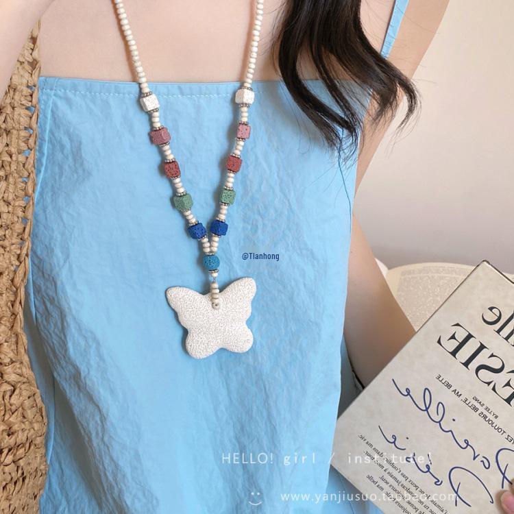 Colorful Beaded Butterfly Heart Necklace - Bohemian Summer Clavicle Chain Accessory