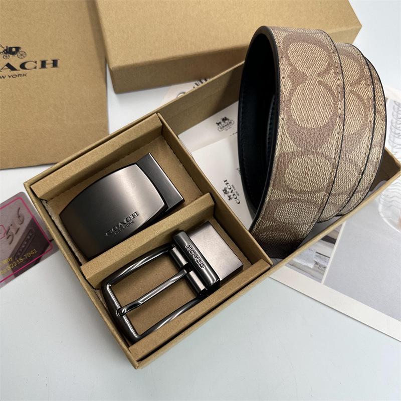 Men's Classic Double Buckle Leather Belt with C Buckle and Fabric Texture - Business Casual Trousers Accessory