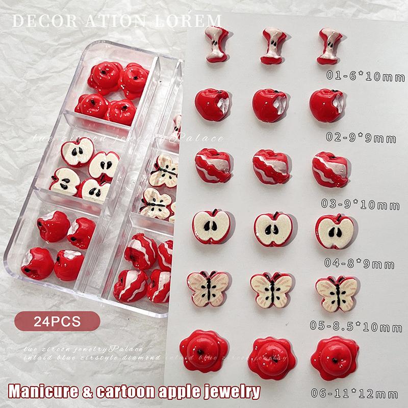 24Pcs/Box Creative Red Apple Resin Nail Charms Fruit Flatback Nail Art Slices Sweet Accessories For Diy Nail Art Decorations