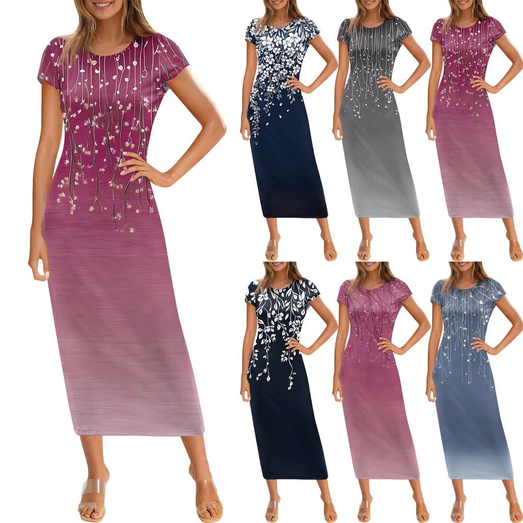 Vestido Largo Casual de Moda para Mujer con Estampado, Cuello Redondo y Manga Corta