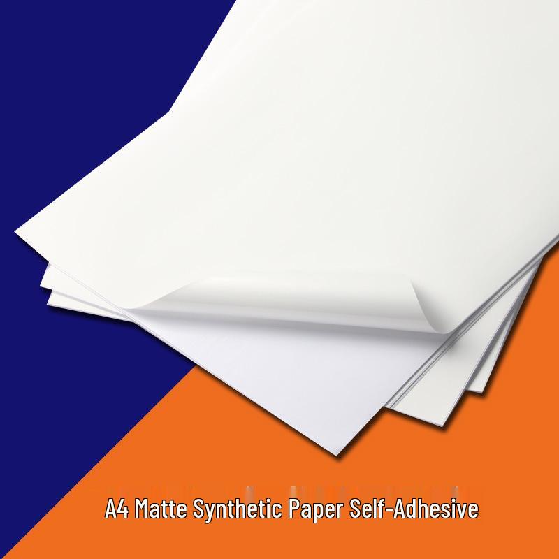 Samolepicí voděodolný matný syntetický papír A4 a A3 pro laserový tisk, odolný proti roztržení.