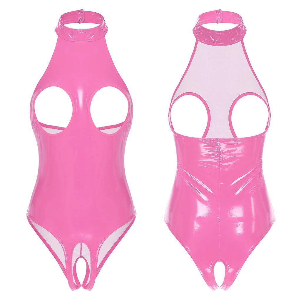 Damen Lackleder Bodysuit Neckholder Cutout Design Schrittlos Rückenfrei Einteiler Clubwear Reizvolles Outfit