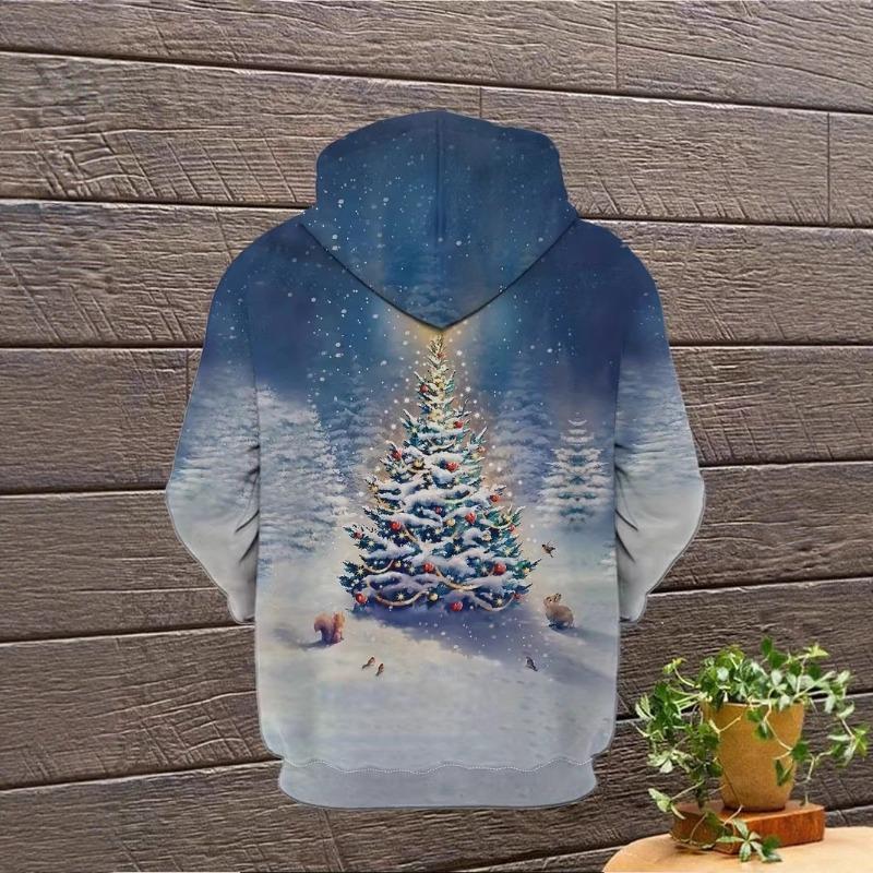 Módní pánská vánoční mikina s kapucí a stahovací šňůrkou z polyesterové tkaniny pro sváteční nošení s dlouhým rukávem a 3D potiskem