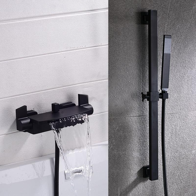 Brass Waterfall Bathtub Faucet Set with Black Exposed Edge and Hot/Cold Shower Head