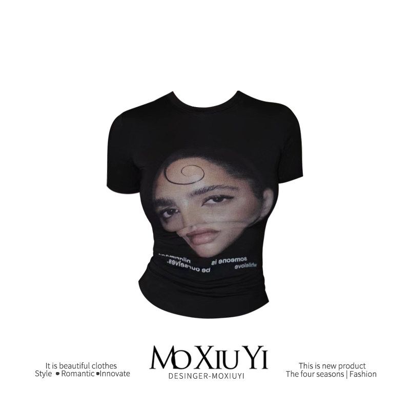 

Mo [In Stock] Rebellious Gene Black, Short Sleeve Portrait Printing T-shirt Female American Sexy Slim-Fit Crop-Top Black T-Shirt S