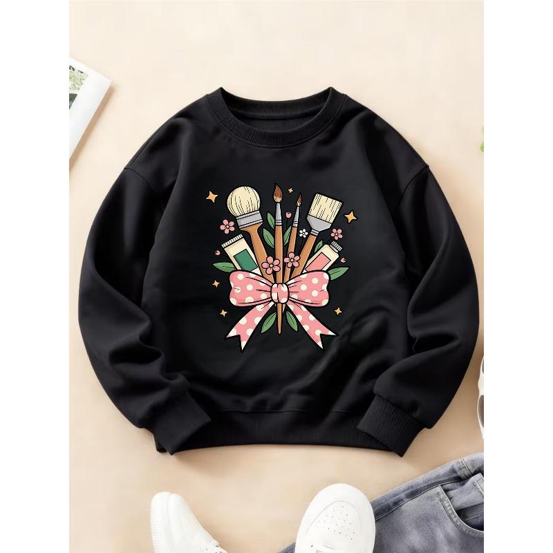 Kids Crewneck Sweatshirt, Artistic Brushstroke Bow Bouquet Print Long Sleeve Top for Autumn Winter