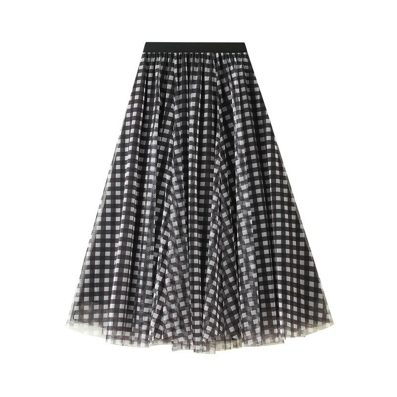 Women's A-Line Fairy Patterned Elastic Waist Ruffle Tulle Layered Midi Skirt Casual Plaid Flowy Maxi Skirts High Waist Mesh Long Skirt for Women