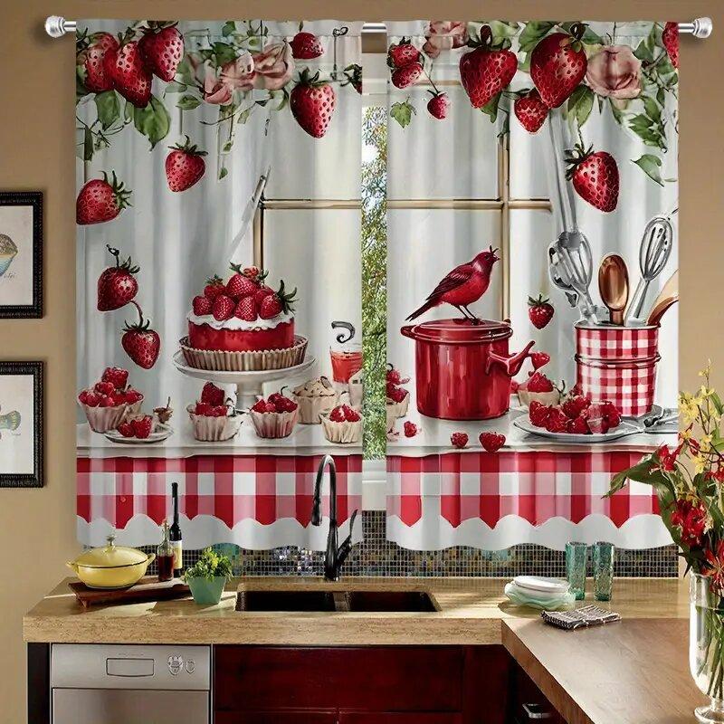 Retro Strawberry-printed Curtains, Suitable for Bedrooms and Living Rooms, Home Decoration, and Christmas