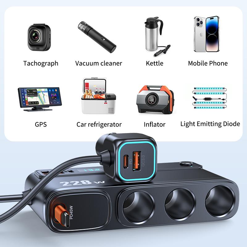 Divisor de Tomada de Isqueiro de 3 Tomadas para Carro, Adaptador Carregador de Carro 9 em 1 com 2x PD3.0 + Carga Rápida QC, 228W 12V/20V, Interruptores Independentes DC para Todos os Carros