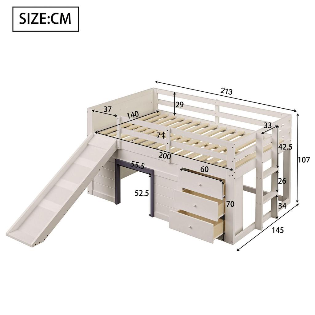 Children's Bed 140x200 Functional Bed Loft Bed Slide Storage Space Play Area Wooden Bed Slatted Frame Ladder Fall Protection Pine Cream (without Mattress)