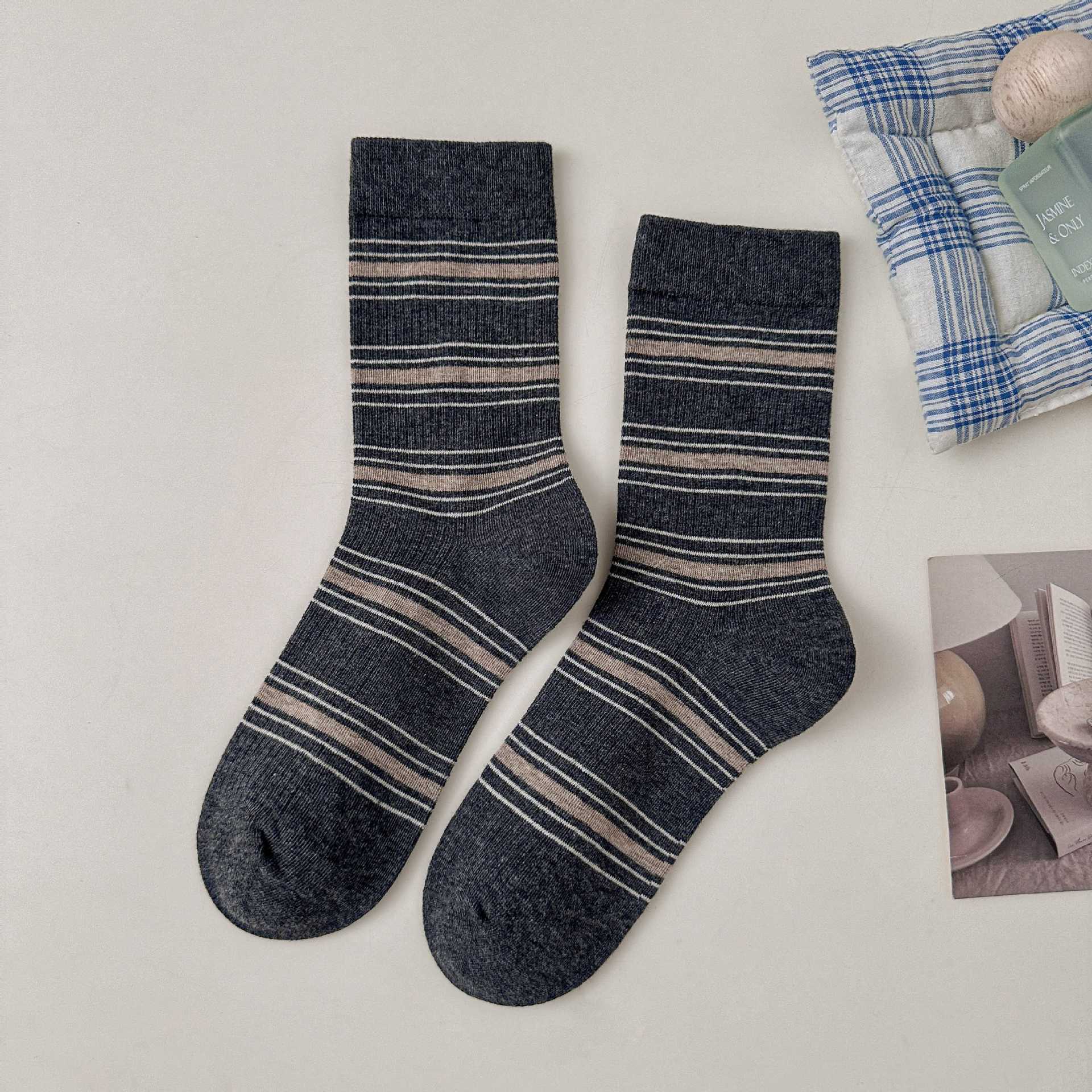 Grey Socks Women S Mid-Leg Socks Cotton Socks Striped Stack Socks Socks Women S Trendy Socks Cotton Autumn One size fits all