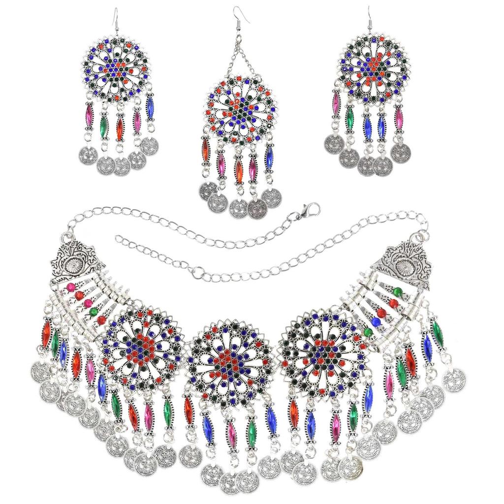 3pcs Indian Afghan Zircon Sets Necklace Earrings Hairbands for Women Boho Ethnic Coins Tassels Colorful Crystal Drop Accessory