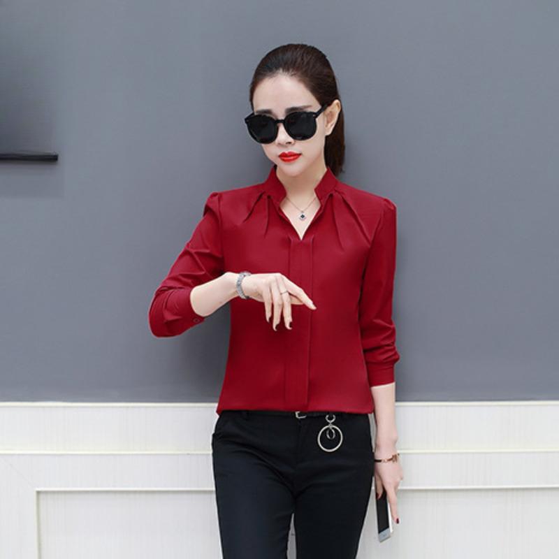 New Women's Shirt Korean Version Long-sleeved Fashion Casual Base Loose and Thin Red Chiffon Shirt Women